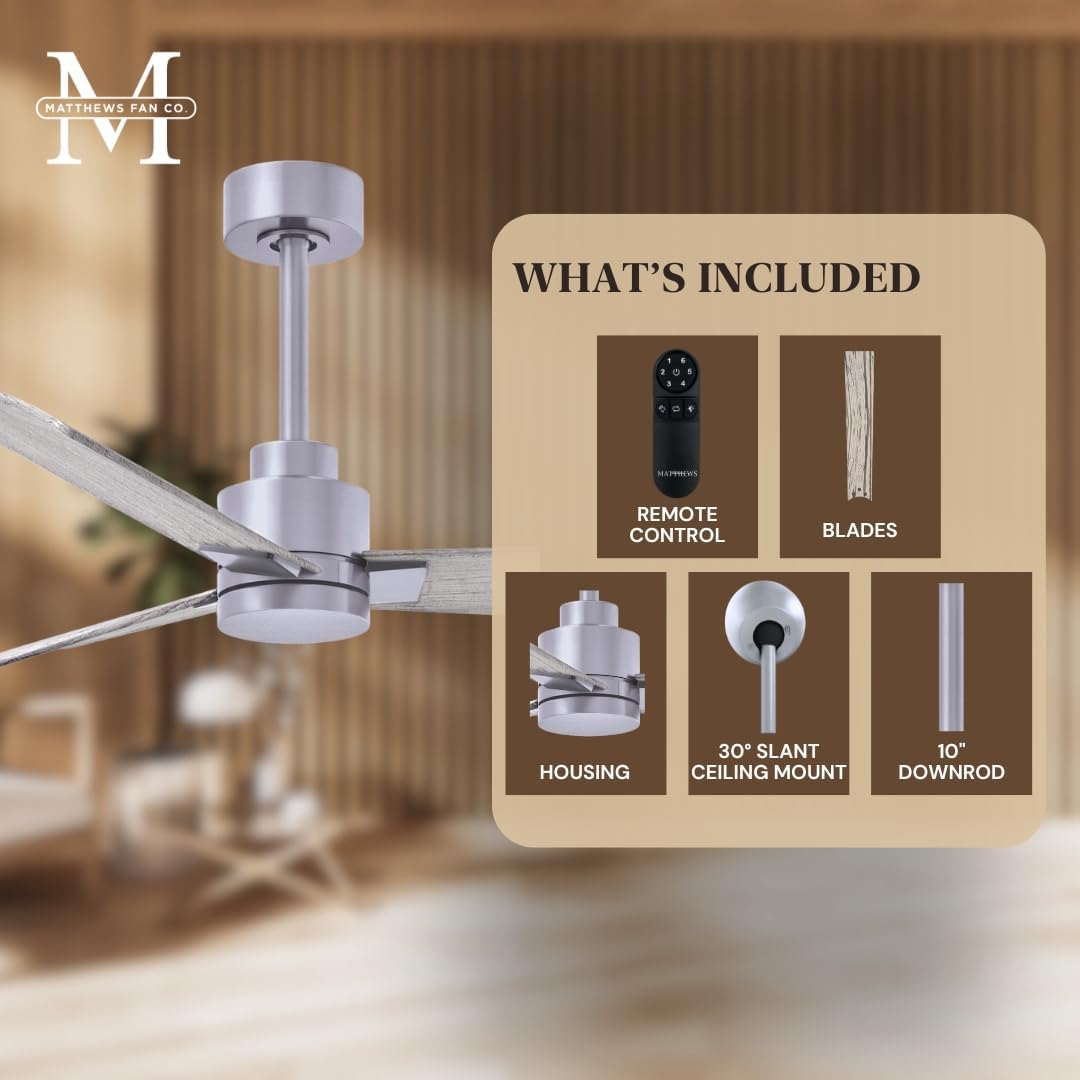 Matthews AK-BN-BW-42 Alessandra Indoor/Outdoor Wet Rated Downrod Mount 42" Ceiling Fan with Remote, 3 Barn Wood ABS Blades, Brushed Nickel