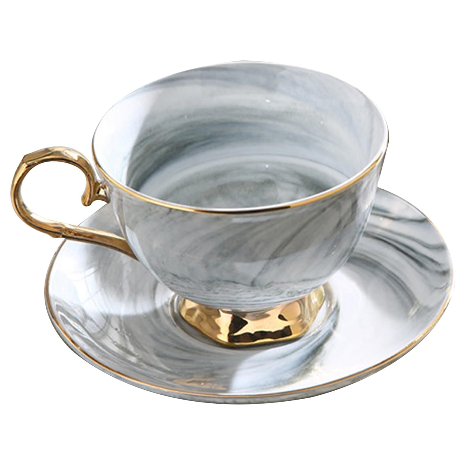 Juego de Taza y Platillo de Cerámica 250ml con Diseño Mármol Nórdico | Tazas Cafe con Plato, para Leche, Zumo, Café, Té, Chocolate Caliente, Agua y Otras Bebidas