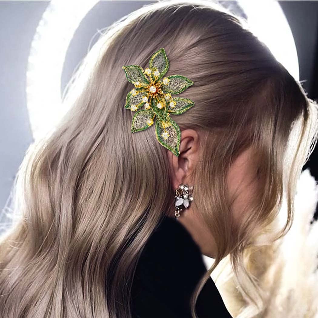 Casdre Flower Bridal Hair Clip Rhinestone Bride Wedding Hair Piece Crystal Hair Barratte Evening Party Hair Accessories for Women and Girls(B Green)