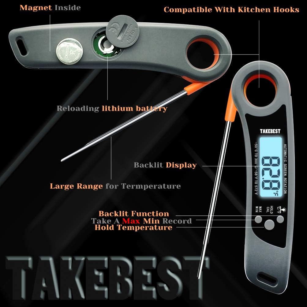 Instant Read Cooking Thermometer, TAKEBEST Waterproof Meat Thermometer with Backlight LCD for Cooking Food Candy BBQ Grilling Smoker Baking Turkey (1 Pack)
