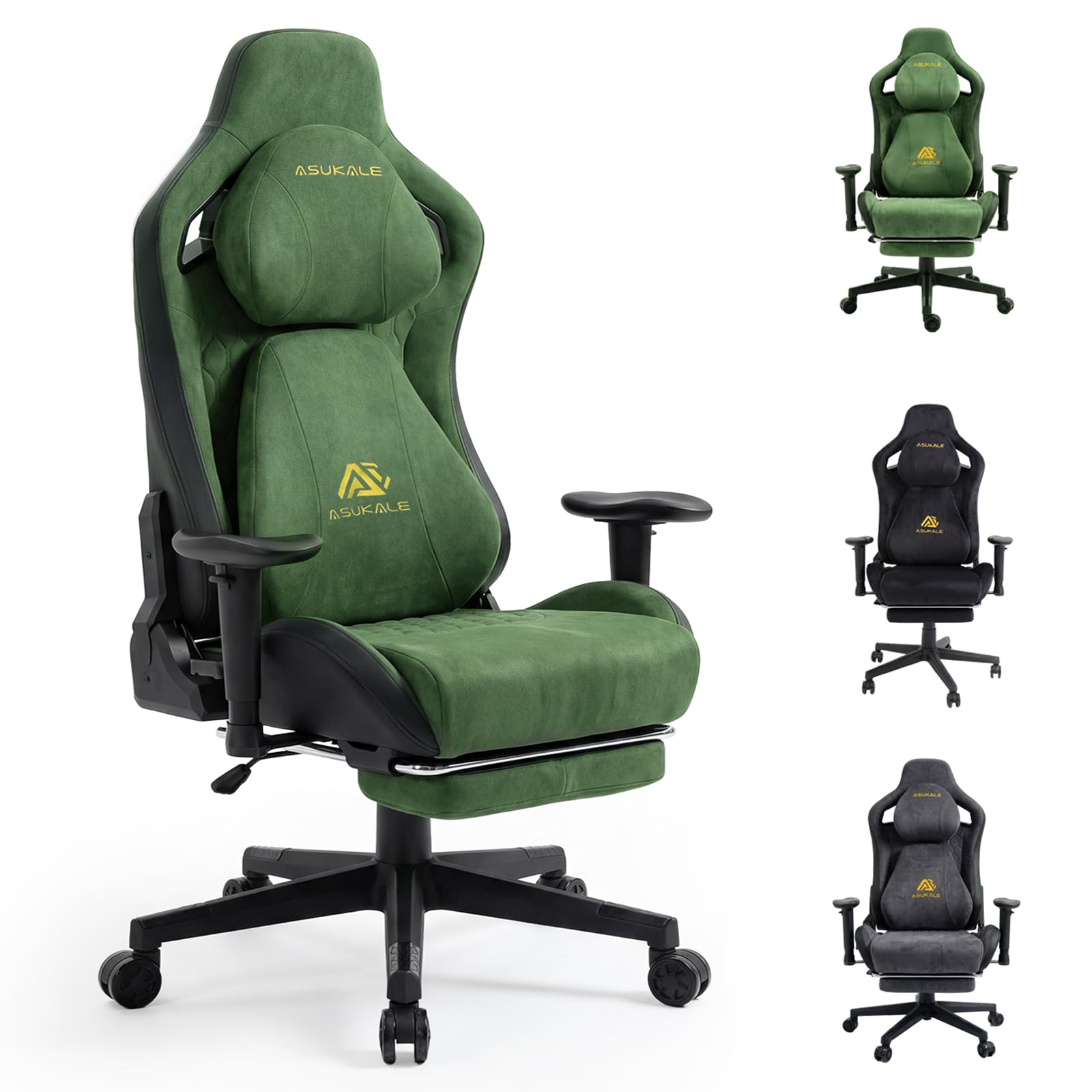 Asukale Gaming Stuhl, Atmungsaktiver Bürostuhl Ergonomisch, Wildlederimitat Gaming Chair, PC-Stuhl, Verstellbarer und Drehbarer Schreibtischstuhl mit Fußstütze, Kopfstütze und Lendenkissen, Grün