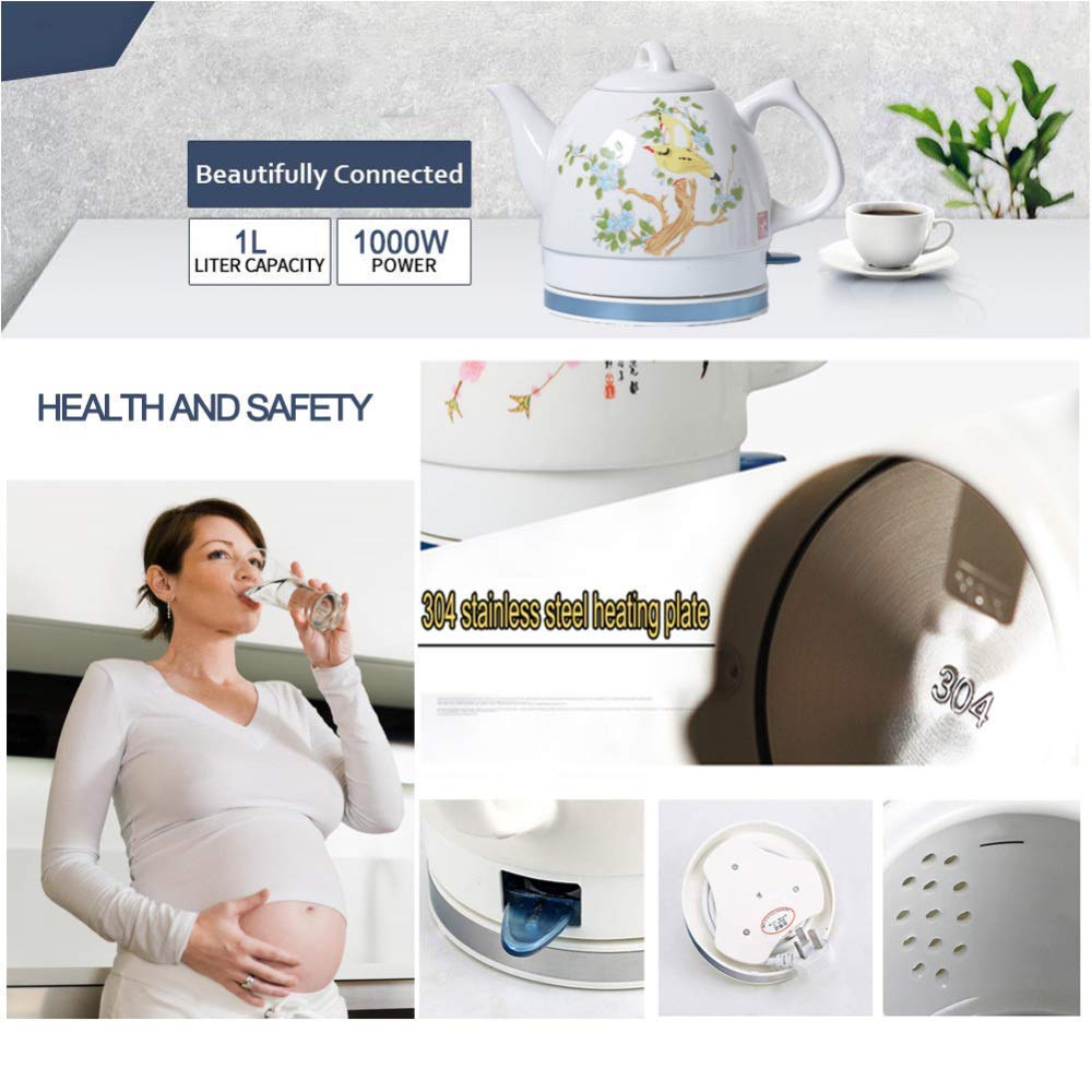Bollitore Elettrico Portatile Bollitore in Ceramica Teiera-Brocca Retrò da 1 Litro, Base Rimovibile, Protezicontro L'Ebollizia Secco-1000W