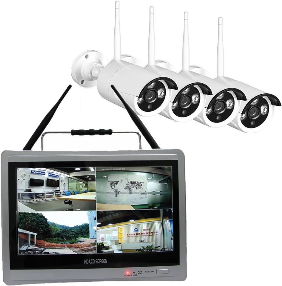 Wireless CCTV camera system 4CH with 12.5 inch Monitor Wireless CCTV kit 4pcs Waterproof Outdoor Wifi Camera 100ft night vision (1080P)