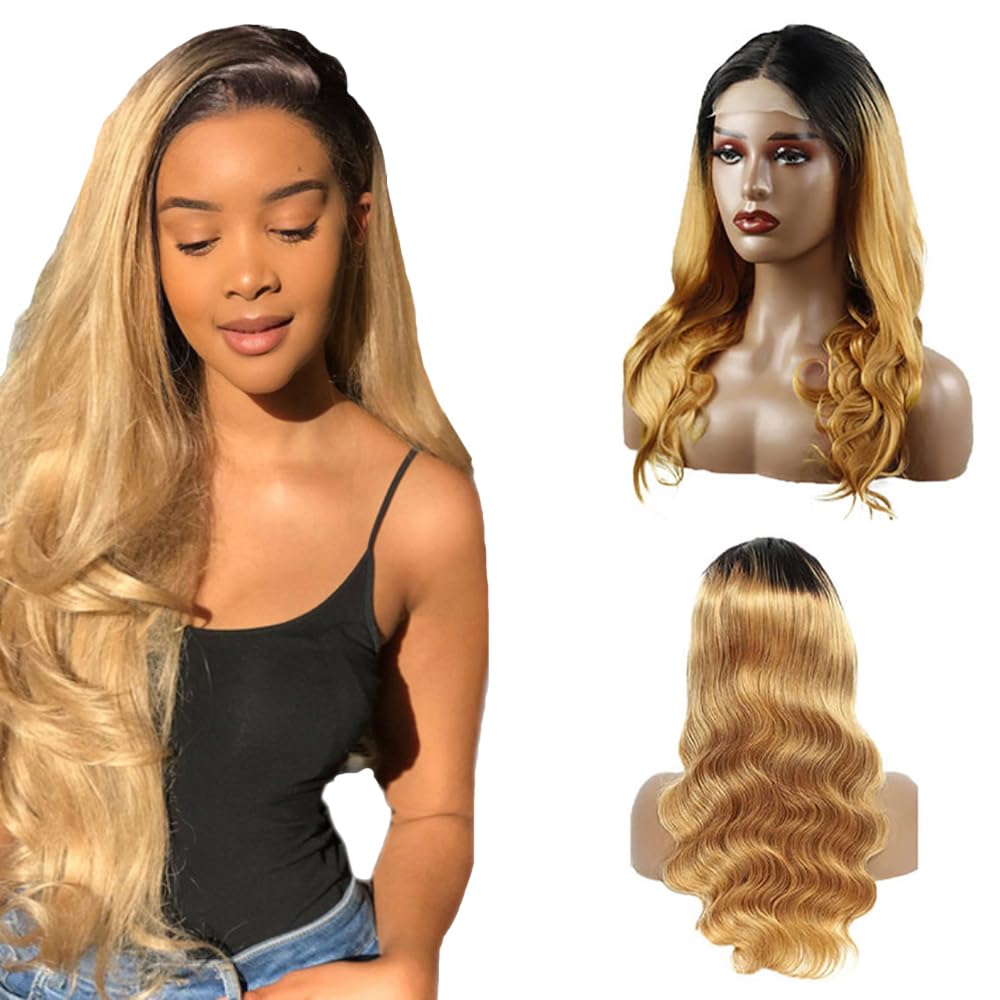 Weeybay Body Wave 4x4 Lace Front Wigs 1B/27 Black Root Honey Blond 100% Unprocessed HD Transparent Human Hair Wigs Ombre Blonde Color for Women 20 Inch