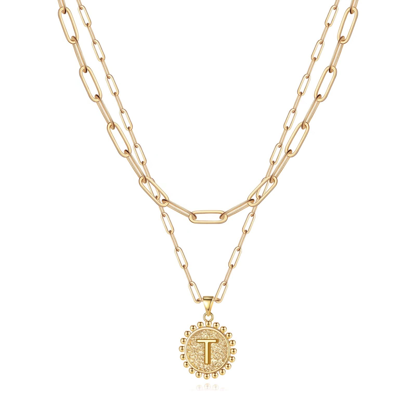 YoosteelGold Initial Necklaces for Women, 14K Gold Plated Dainty Layering Paperclip Link Chain Necklace Coin Initial Layered Necklaces for Women Personalized Birthday Gifts