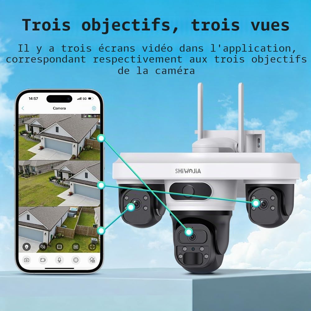 SHIWOJIA Caméra de sécurité solaire AOV 4G LTE 24h/24, 7j/7, 360° avec carte SIM, batterie sans fil CCTV avec détection de mouvement PTZ, sirène lumineuse instantanée alerte, étanchéité IP66