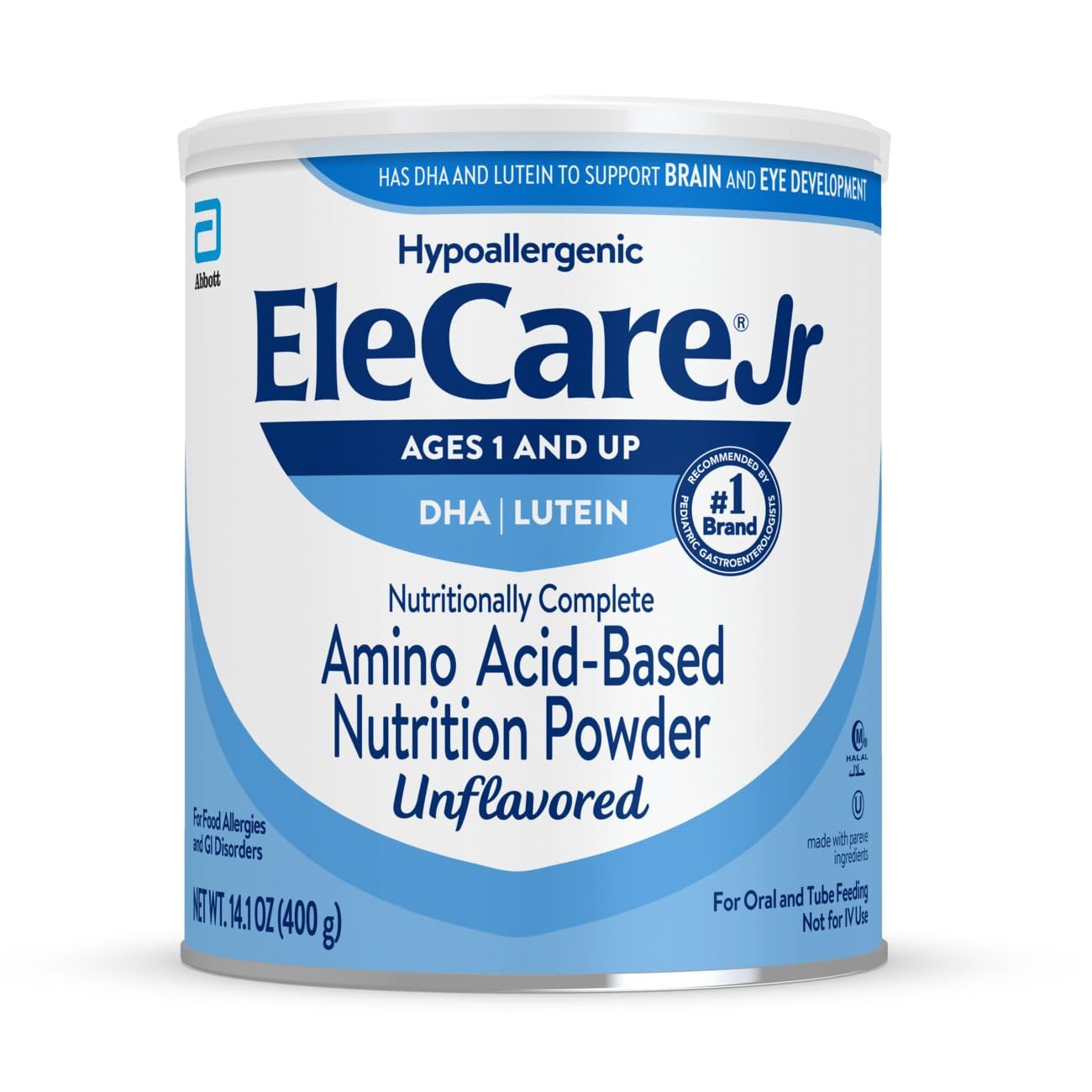 EleCare Jr Unflavored, DHA & Lutein Amino Acid-Based Nutrition Powder, Complete Nutrition for Ages 1 and Older, 14.1-oz Can