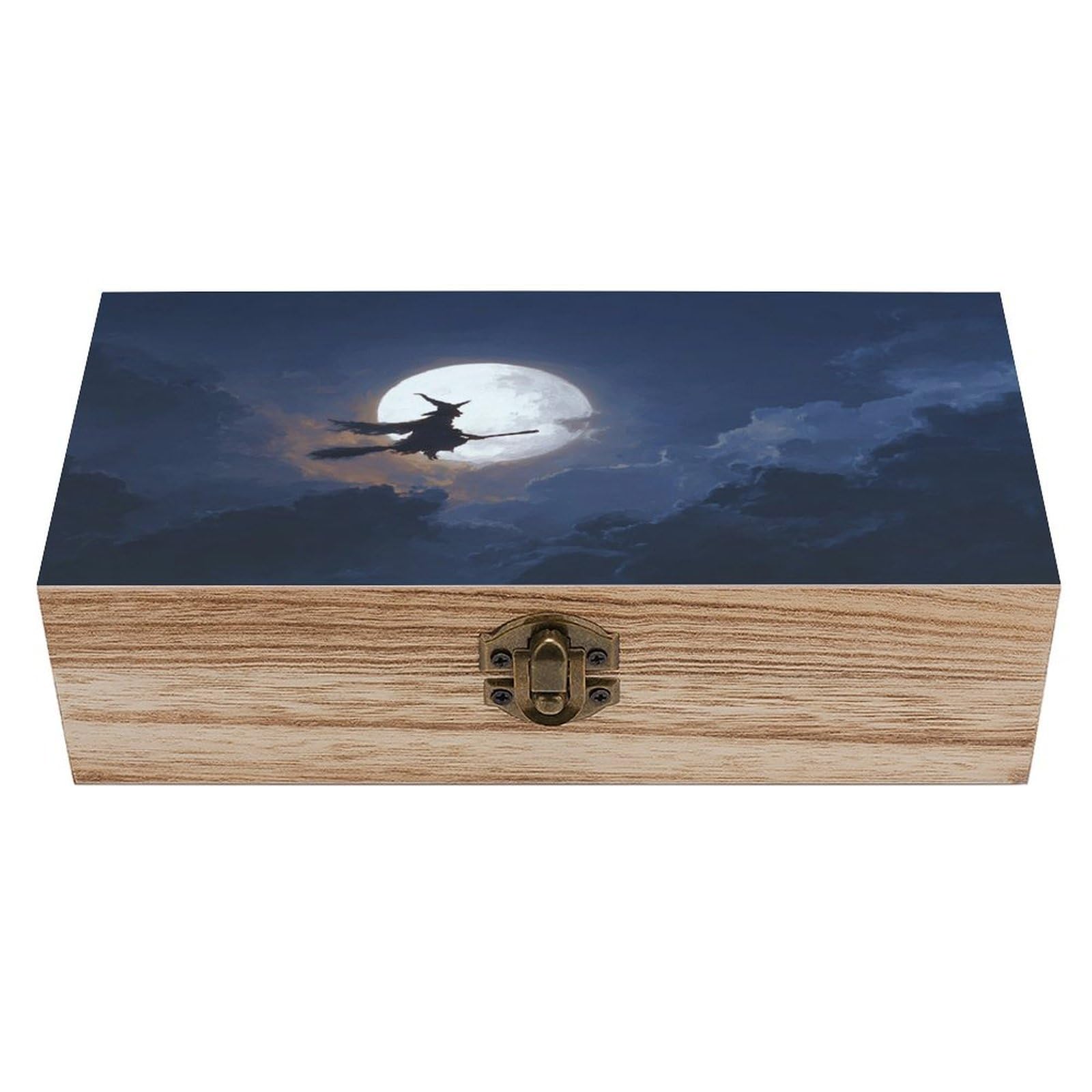Ahdyr Witch Flying on Broomstick Wooden Storage Box with Hinged Lid And Front Clasp Large Keepsake Box