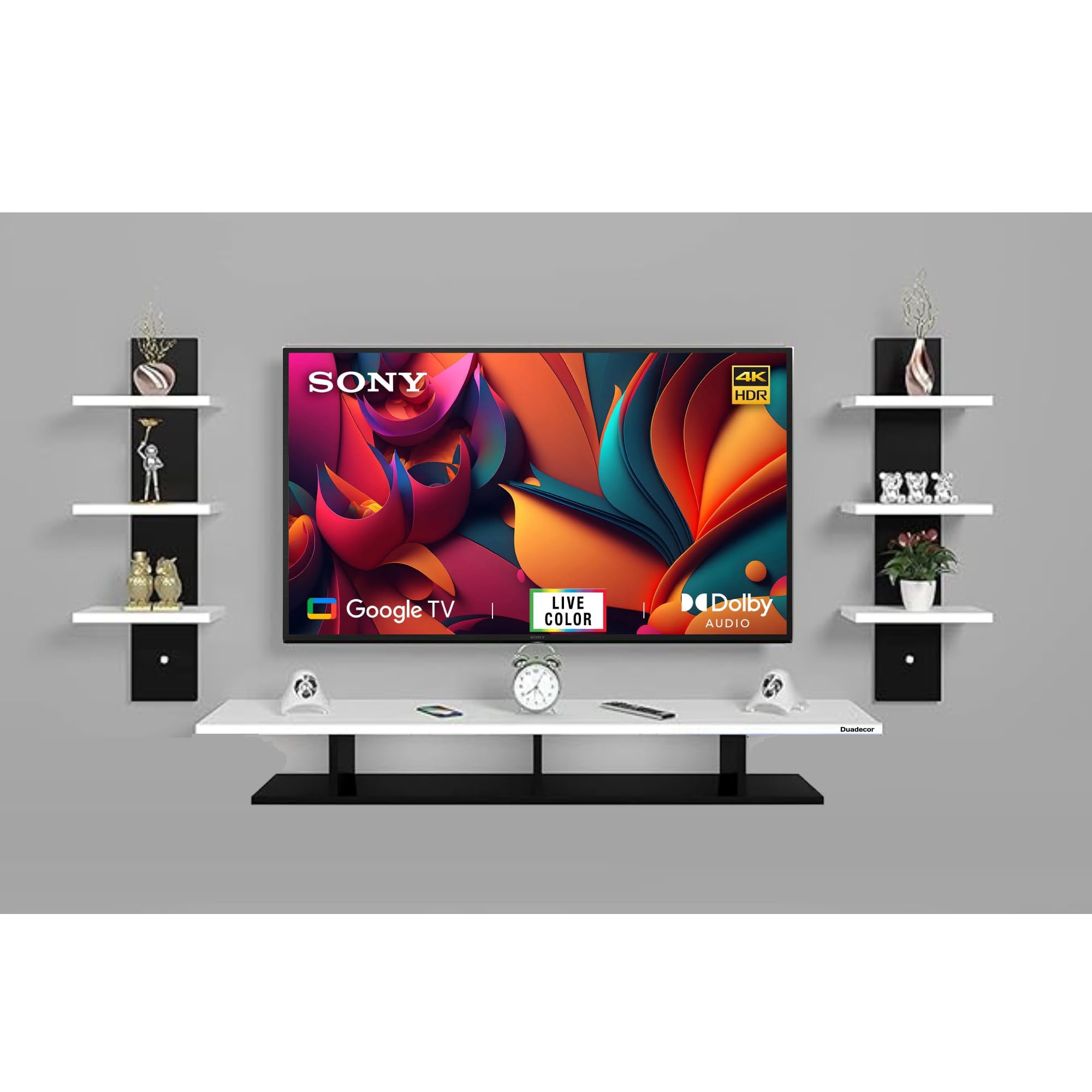 Duadecor Wood TV Cabinet for Living Room, TV Unit, Engineered Wood with Wall Mount Set Top Box Stand & Wall Display Rack, 24" to 43" Inch LED TV Stand, Large LCD Panel(Black Frosty) (B0DCK4BK3P) Amazon Price History, Amazon Price Tracker
