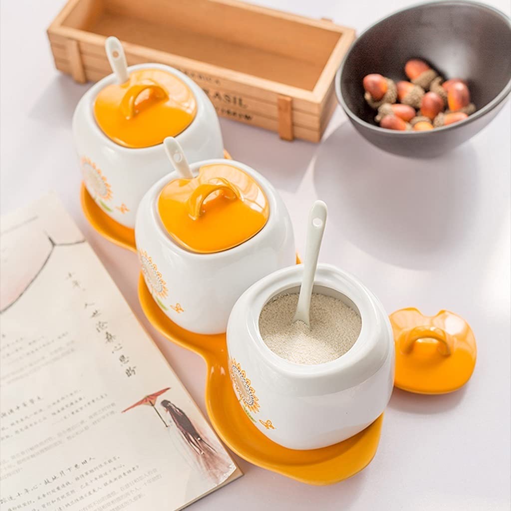 Keramik-Gewürzdosen-Set mit 3 Behältern, Deckeln, Löffel und Tablett, luftdichte Küchenbehälter für Tee, Kaffee, Gewürzaufbewahrung