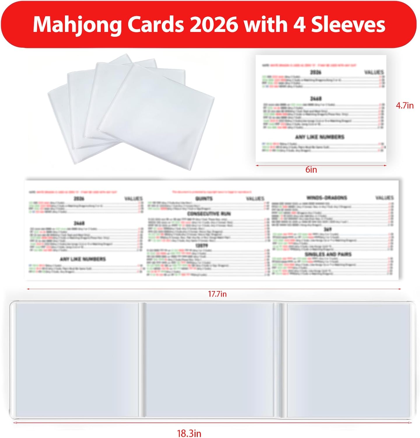 Mahjong Cards 2026, 4 PCS Mah Jongg Card with Clear Transparent Mahjong Card Holder - Large Print - Easy to Read Rule Cards for Mah Jongg, Suitable for Mahjong Beginners