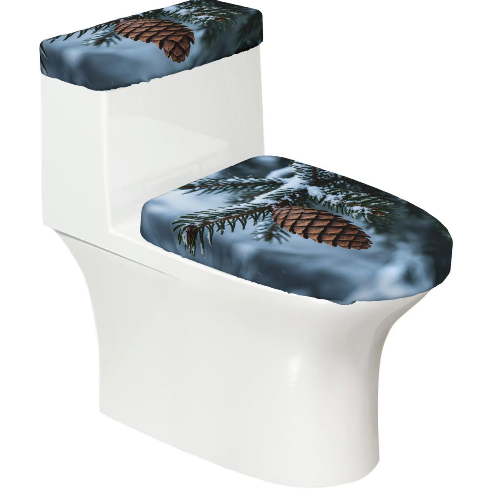 Cntdbu Black Green Pine Branch Stretchy Toilet Lid And Tank Cover Set-Soft Elastic Bathroom Decor For U Shape Oval