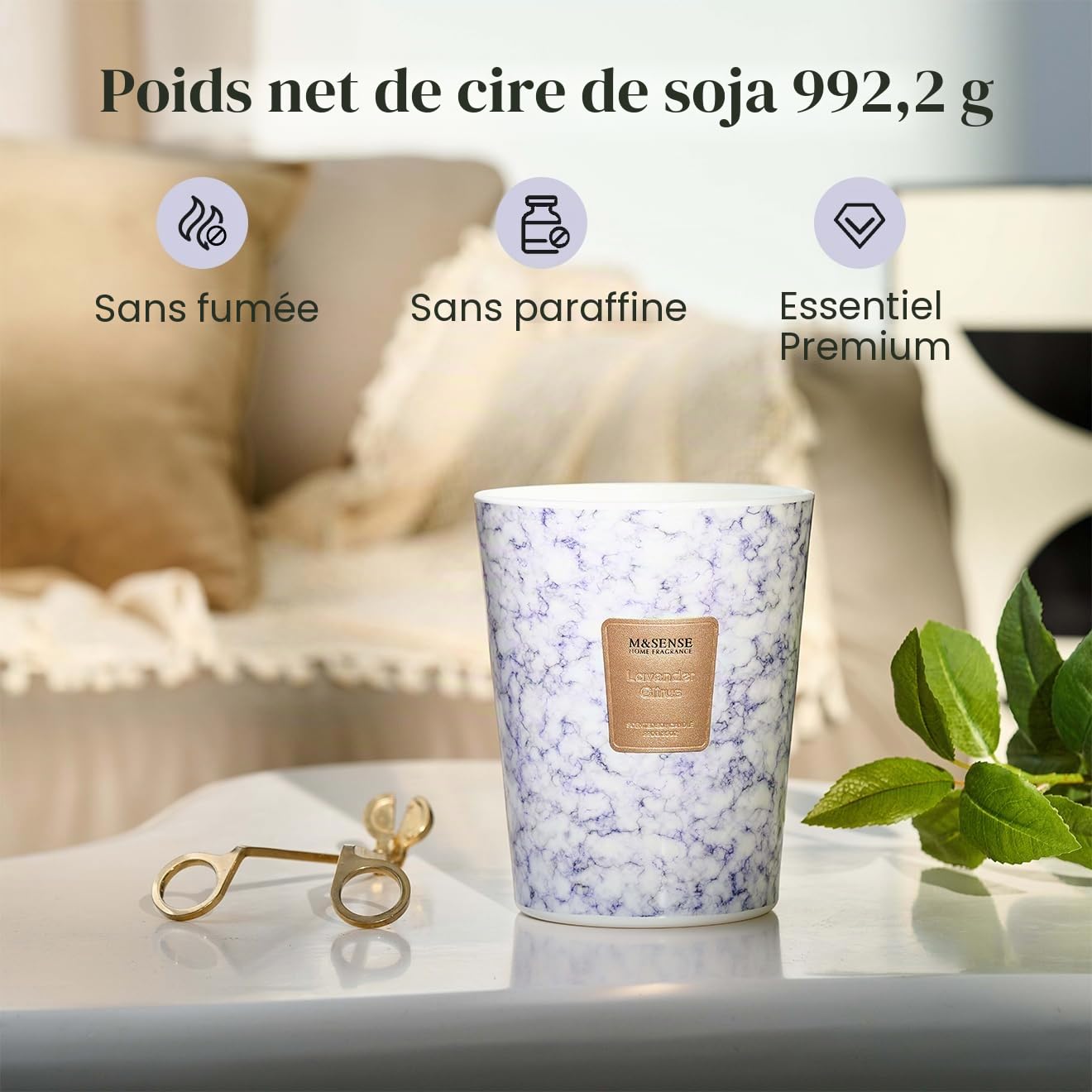 M&SENSE Bougie parfumée 990g|Lavande Agrumes|150h de combustion & 3 mèches|Bougie Decorative naturelles en cire de soja|Aromathérapie relaxante|Cadeau pour femme & homme,Modern Marble Jar