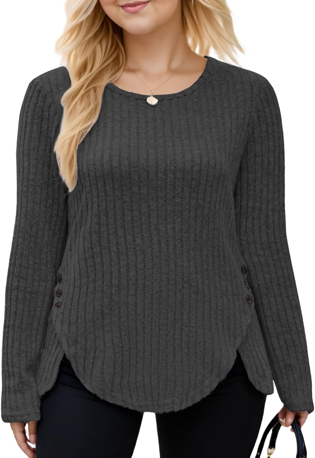 VISLILY Womens-Plus-Size-Tops Trendy Tulip Hem Long Sleeve Shirts Casual Lightweight Knit Sweaters Cute Button Decor Tunics - Image 2