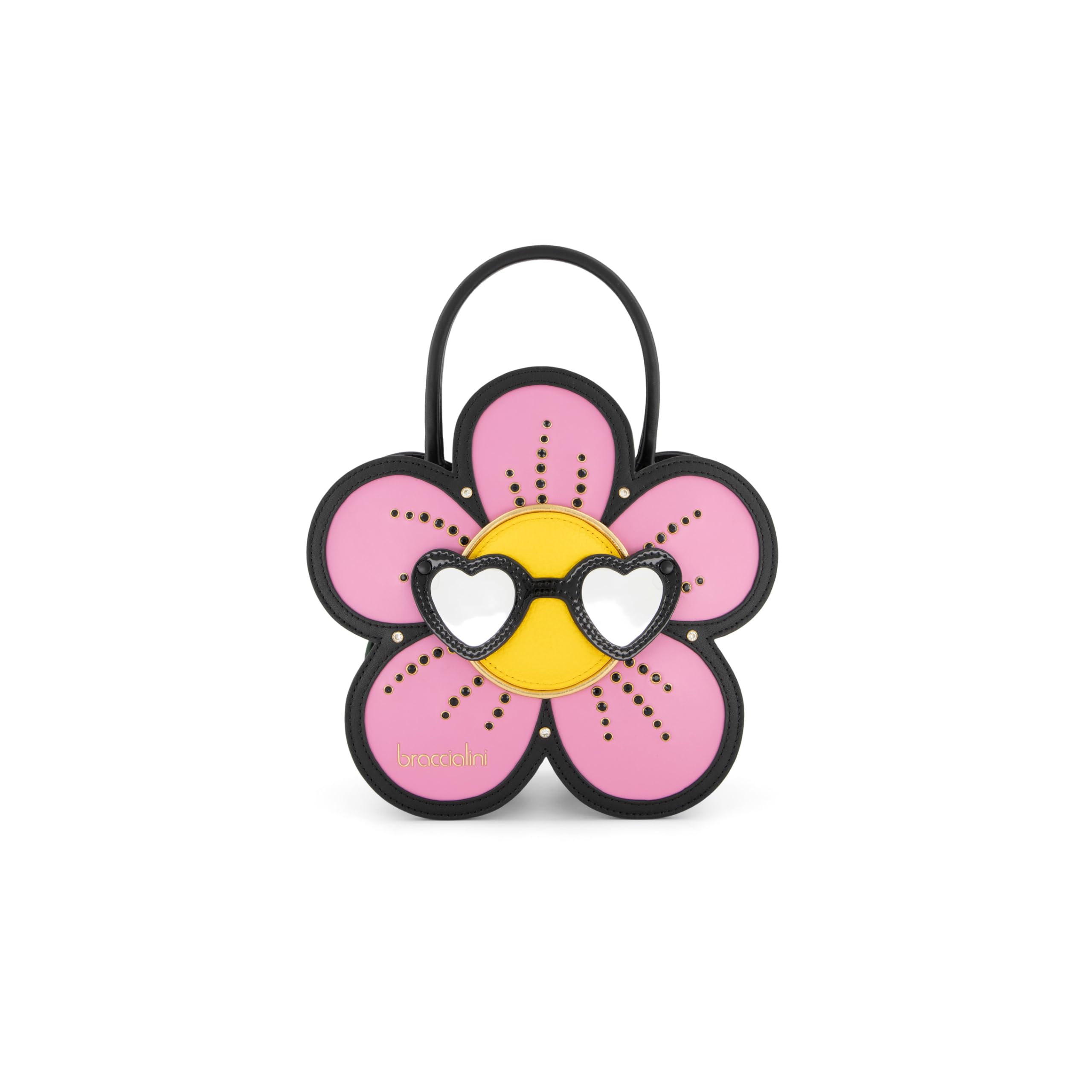 Braccialini Temini Bolso de mano de piel con silueta de margarita, diseñado para aportar un toque de ironía y color a cada look. Los pétalos rosas con detalles negros y pequeños cristales brillantes