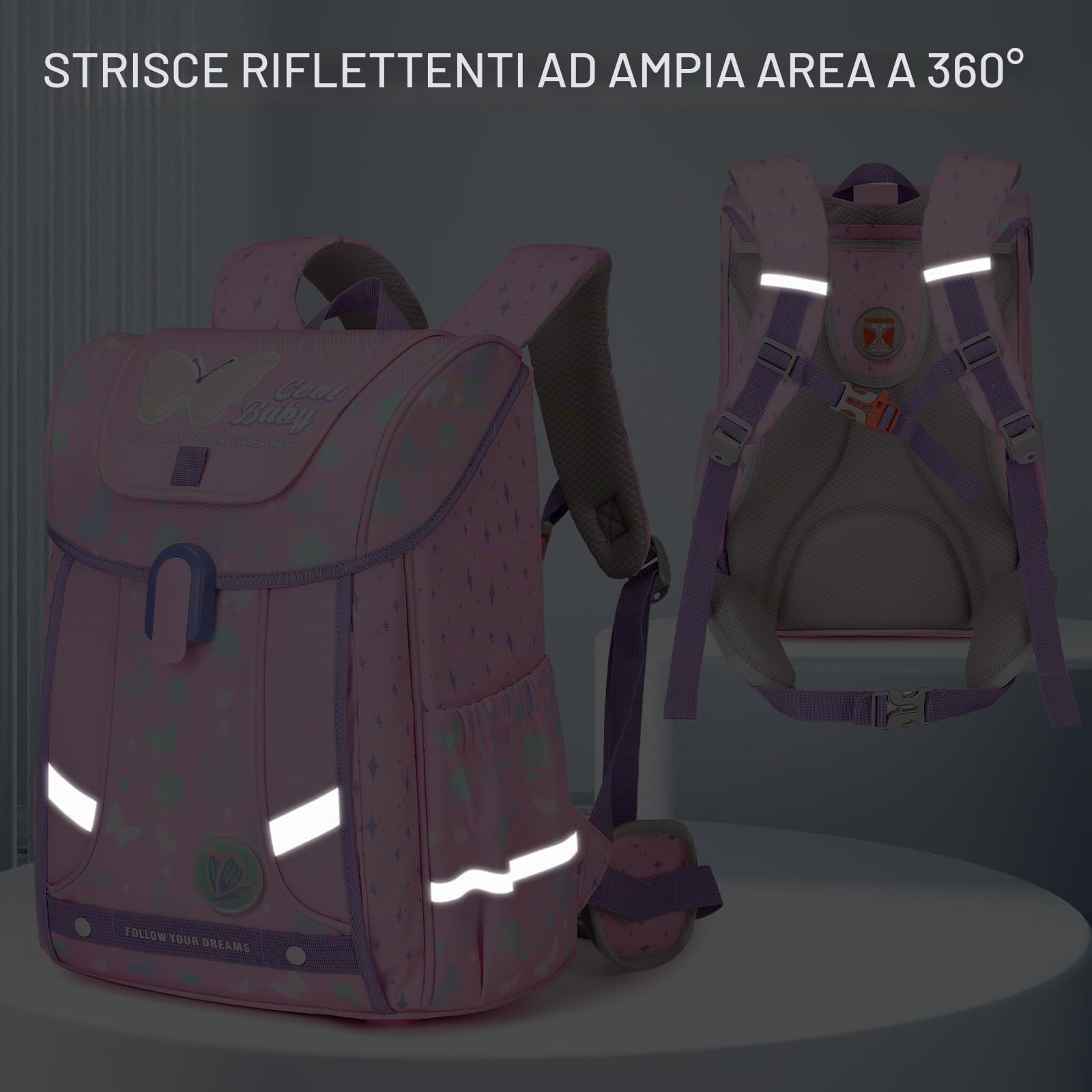 Amythe Zaino Ergonomico Ragazza 1a-4a Elementare Cintura Toracica | Zaino Scolastico Bambini 6-10 Anni Cintura Rimovibile Riflettente 24L Rosa