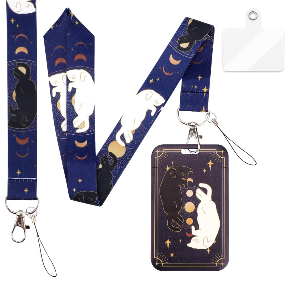 Personality Cat Lanyard ID Badge Holder, Lanyard with Card Holder for Women Men Nurse Teachers Students in Daily Life and Office Scenarios (Dark Blue)