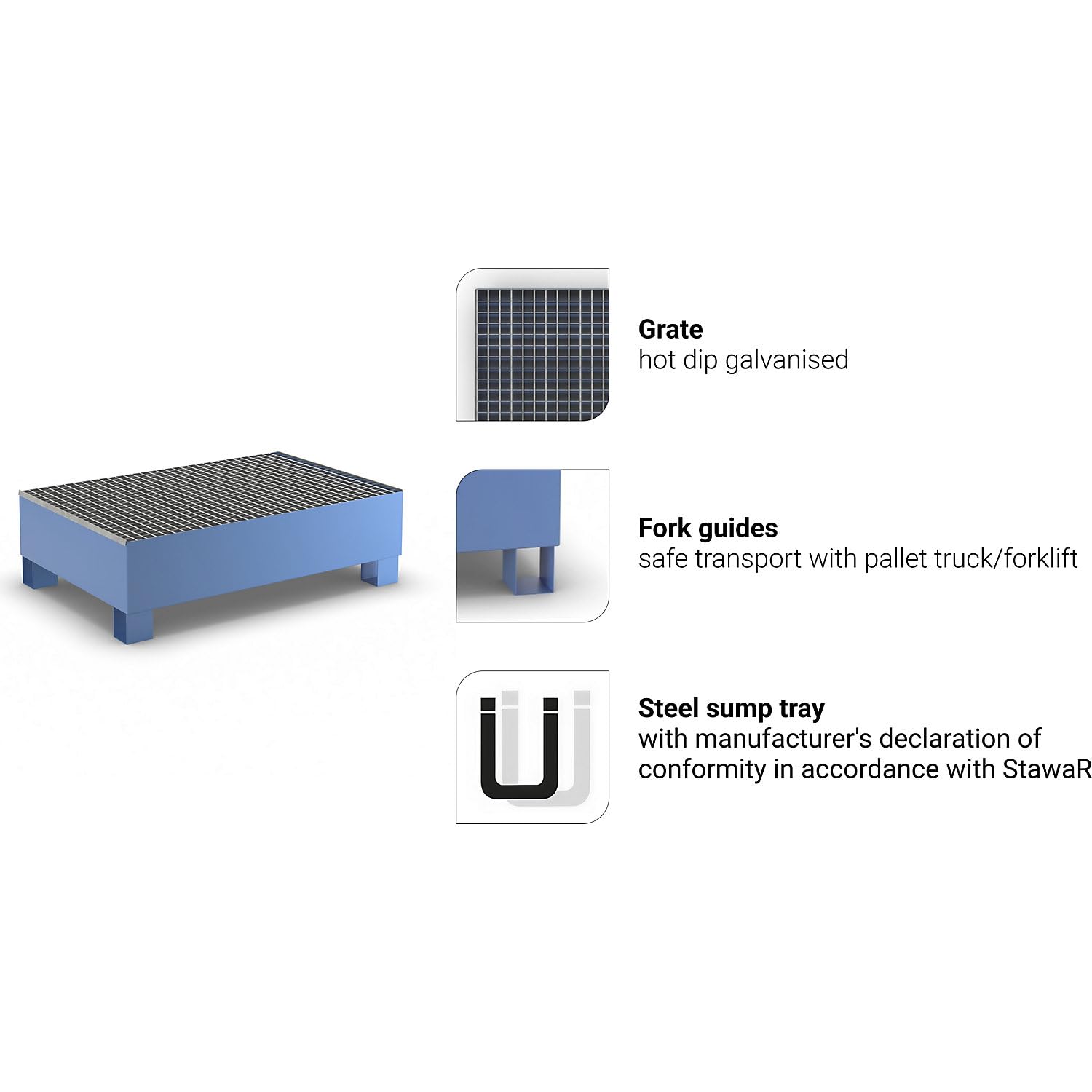 eurokraft | Stahl-Auffangwanne für 200-l-Fässer | LxBxH 1200 x 800 x 360 mm | mit Zulassung | Blau pulverbeschichtet | mit Gitterrost