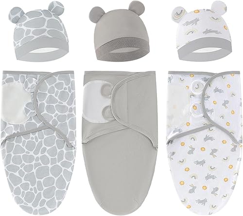 Miniatura 10 de Exemaba Baby Swaddle Sleep Sack with Hat Set for 0-3 months 3-Pack Soft Cotton Newborn Wearable Swaddle Wrap for Girls Boys