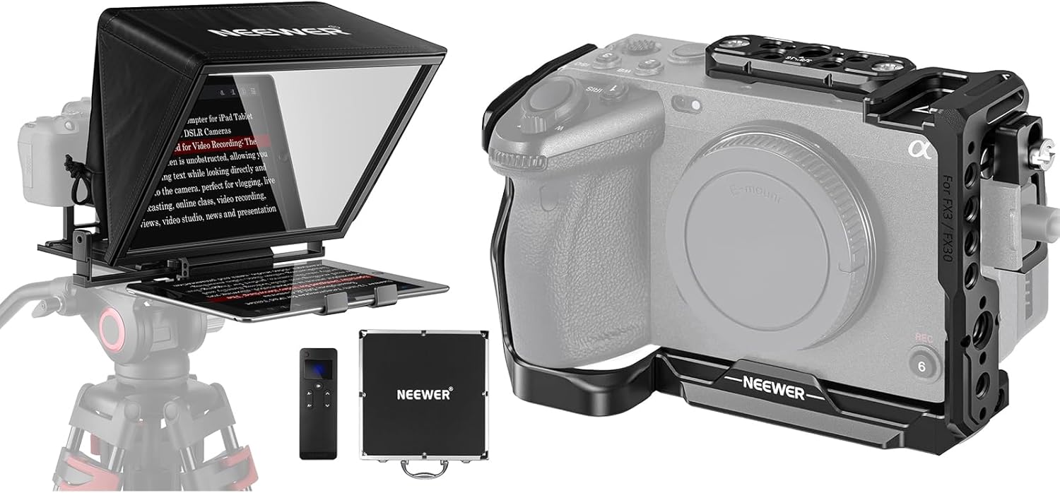 NEEWER Teleprompter X14 with RT-110 Remote & APP Control (Bluetooth Connection via NEEWER Teleprompter App), FX3/FX30 Cage Camera Cage with HDMI Cable Clamp Included