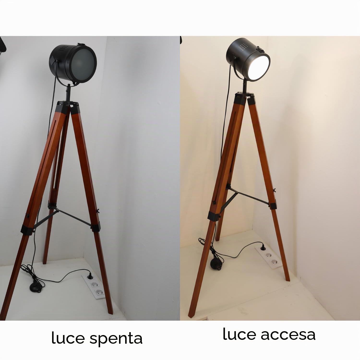 Alpinaluz lampada da terra con tripode in legno naturale, paralume nero opaco in vetro satinato, altezza regolabile, stile vintage retro cinema, attacco E27 per soggiorno