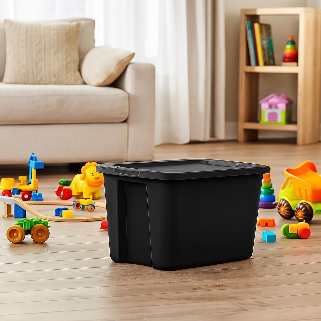 Black 8-Pack 18 Gallon Plastic Storage Bins with Snap-On Lids, Stackable Lidded Containers with Comfortable Integrated Handles for Camping Gear, Sports Equipment, Tools, Blankets & Sleeping Bags