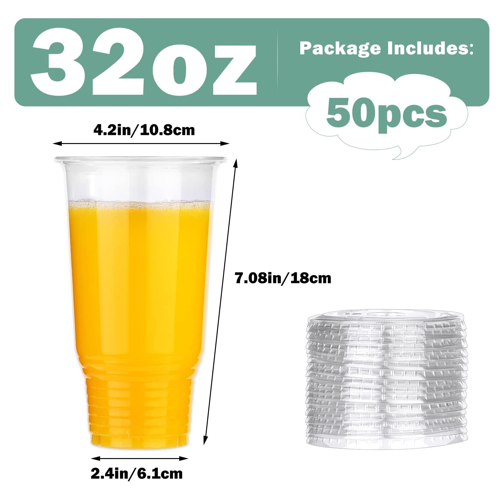 Giwrmu 32oz 50 Count Clear Plastic Cups with Flat Lids, Disposable Iced Coffee Cups, Clear PET Plastic Drinking Cups for Iced Coffee, Milkshakes and Smoothies