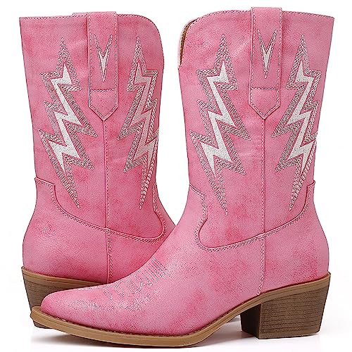 Image of GLOBALWIN Women's Square Toe Cowgirl Boots Classic Mid-Calf Cowboy Boots With Embroidered Stitching Low Heel Comfortable Western Boots For Country Outfits