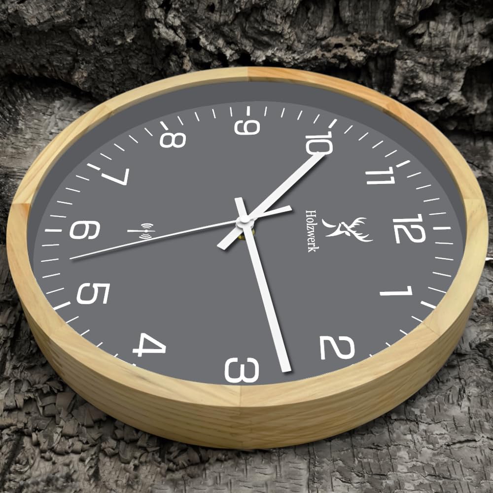 Holzwerk HARBURG Funk Natur Holz Funkwanduhr Wanduhr Holz-Uhr Vintage Funkuhr lautloses Uhrwerk ohne Tickgeräusche Buche Braun Grau Weiß lautlos aus handgefertigtem Massivholz 30 cm
