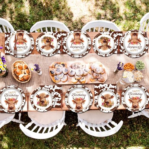 Zoiiwa 96 Pcs Highland Cow Party Supplies For 24 Guests Brown Cow Tableware Plates Napkins Highland Cattle Dinnerware Table Decorations For Western Farm Animals Kids Birthday Baby Shower Party Favors thumb #4