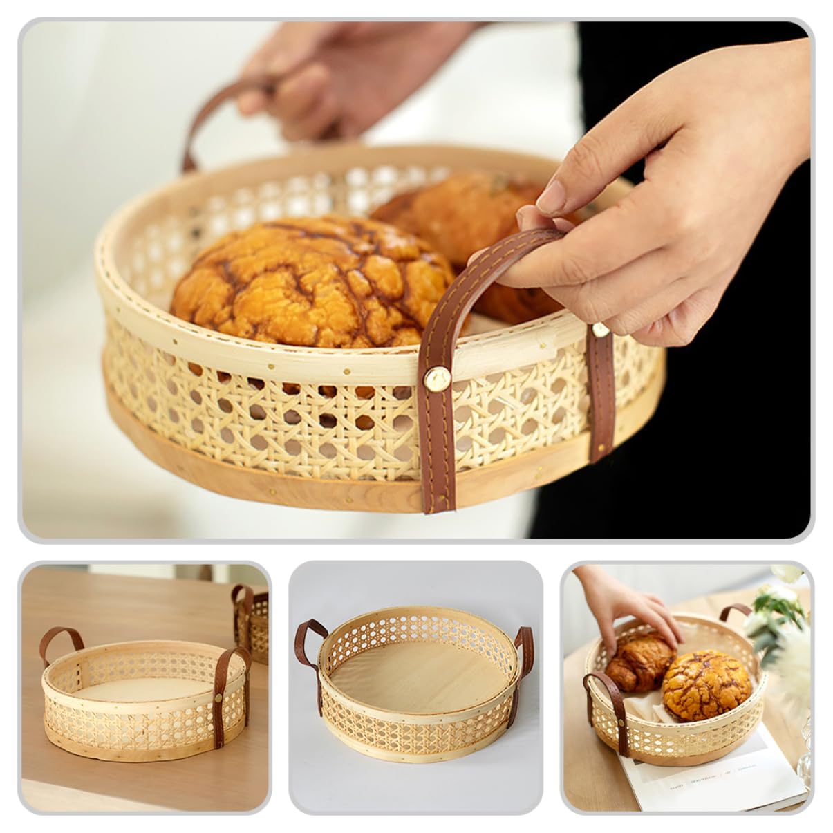 OFFSCH Rattan Basket Fruits Basket Wicker Serving Tray Round Storage Basket Woven Fruit Baskets Round Serving Tray Food Basket Decorative Basket Food Trays Woven Storage Baskets