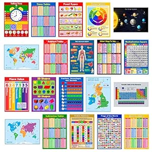 SCHOOL 20 x EDUCATIONAL GLOSSY POSTERS for Children, Primary, Junior, Classroom Wall Chart Learning Childrens Set Pack – Day care, Home schooling. Times Tables, Learn Time, Shapes, Planets