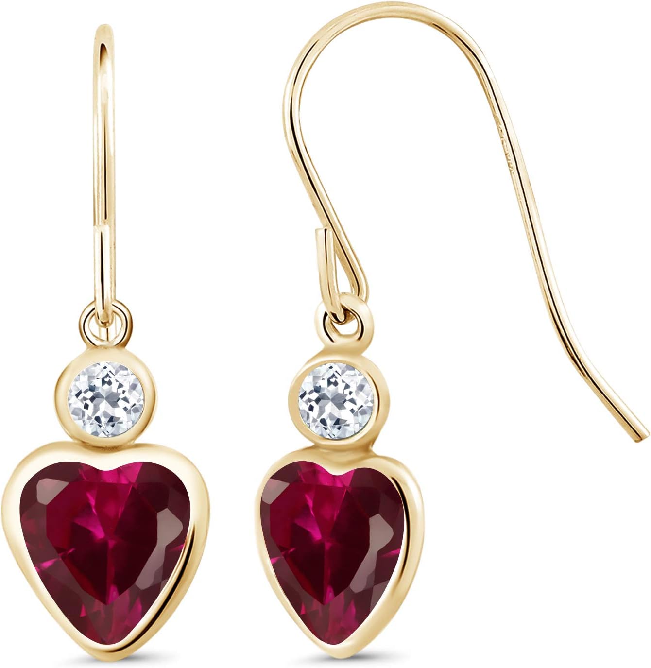 Gem Stone King 14K Yellow Gold Red Created Ruby and White Topaz French Wire Dangle Hook Earrings For Women (2.20 Cttw, Gemstone July Birthstone, Heart 6MM, Round 3MM)