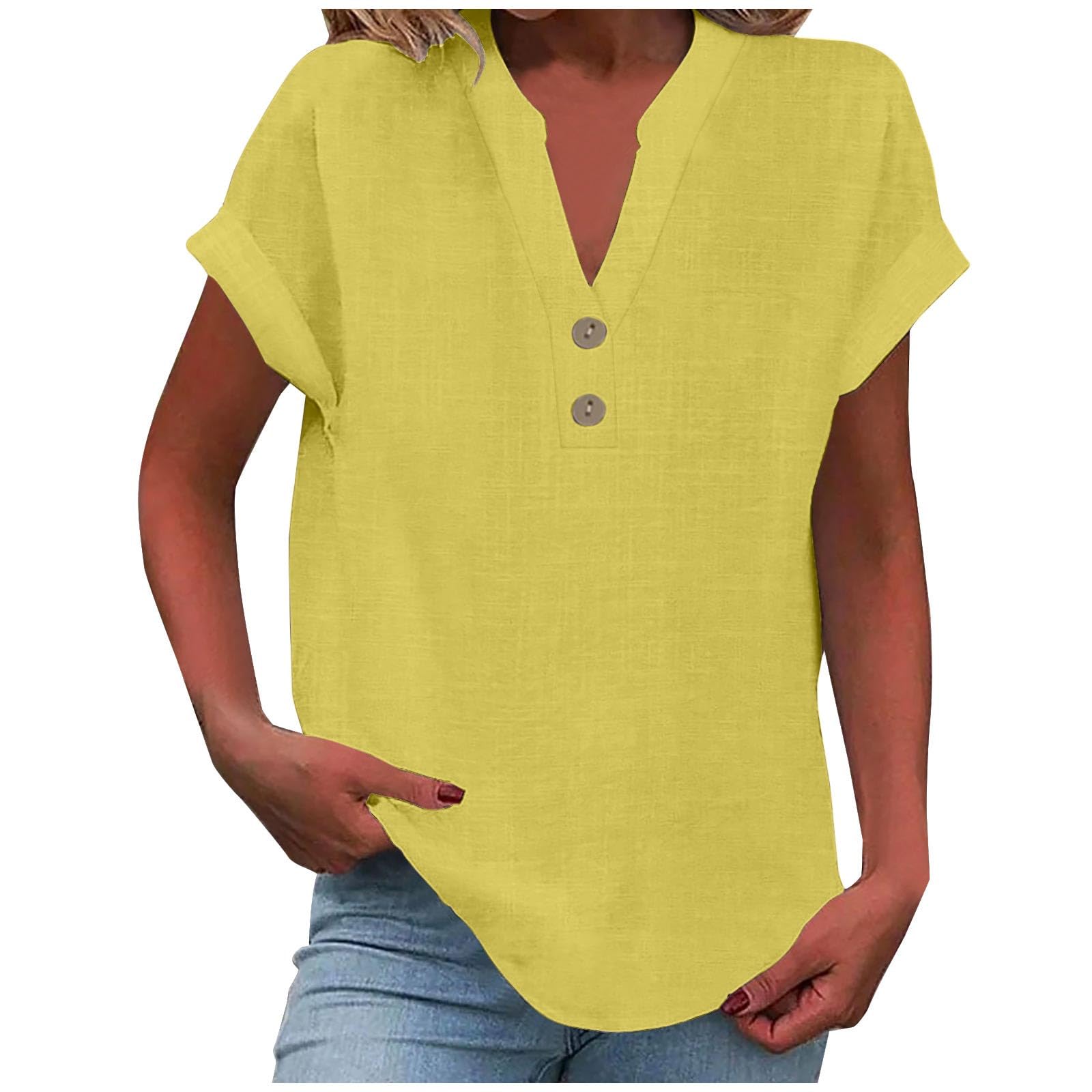 GenericLinen Tops for Women Short Sleeve Summer Shirts V Neck Button Henley  Vacation Tunic Top Roll Up Work Blouses Tees