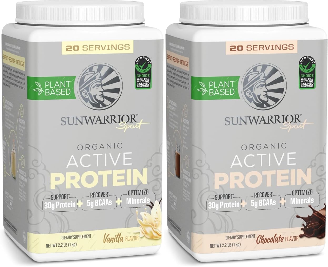 Sunwarrior Chocolate & Vanilla Active Organic Protein Powder Set | Bundle & Save | Vegan Protein Powder | Non-GMO Soy Dairy & Gluten Free (20 Servings Vanilla, 20 Servings Chocolate)