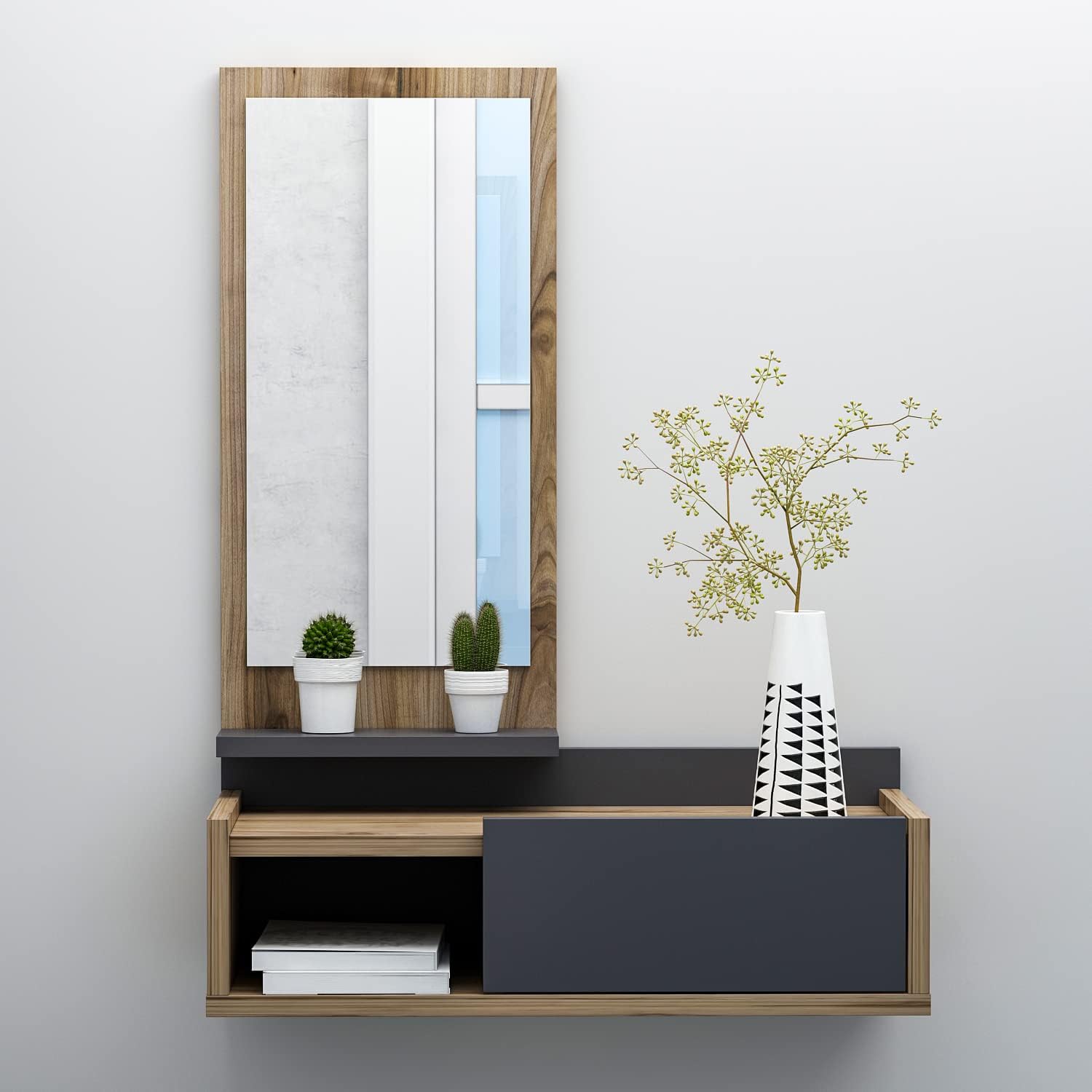 Homidea Maya Flurmöbel hängend - Spiegelschrank - Wandgarderobe - Flurgarderobe für den Eingangsbereich mit Schublade, Spiegel und Regalboden in Moderner Stil (Eiche/Weiß