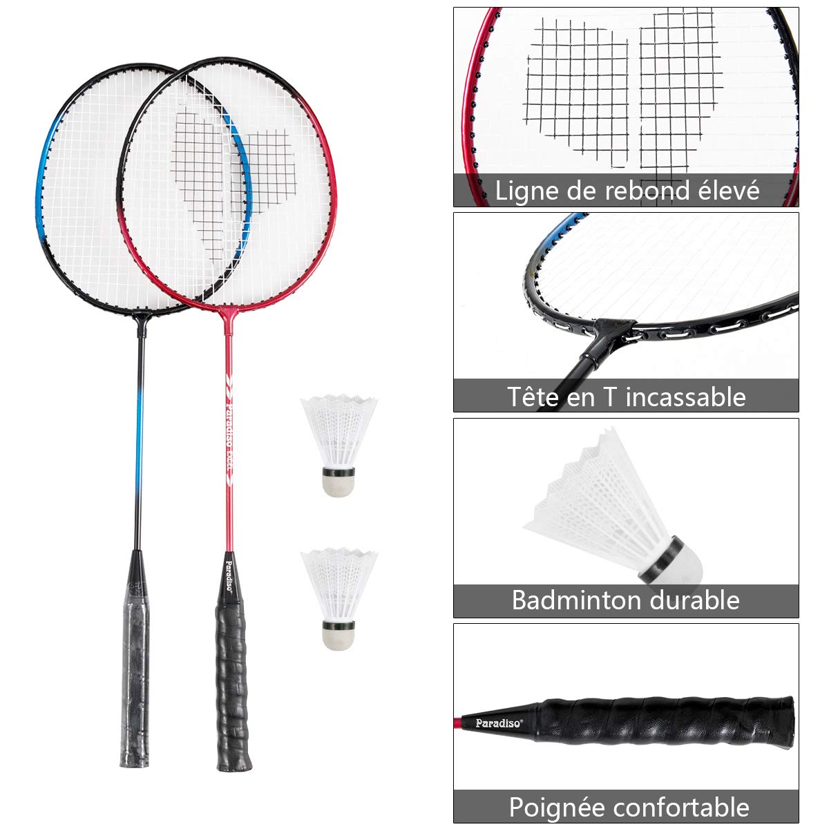 COSTWAY Filet de Badminton Portable 3M x 1,5 M avec Base de Rangement et Sac de Transport Set de Badminton 4 Raquettes, 2 Volants Installation Rapide pour Jeu de Plage,de Jardin