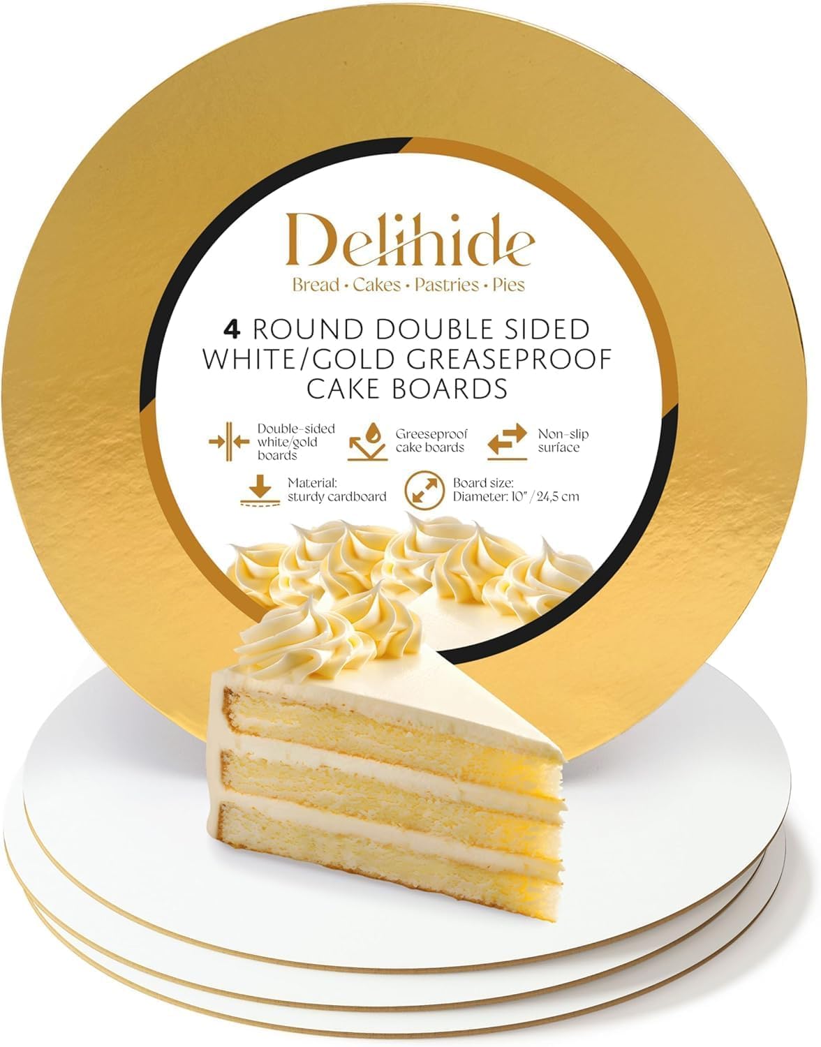 Cake Board 10 Inch Round - Oil-Proof & Sturdy Cake Base Board, Cardboard Cake Rounds Ideal As Cake Tray or Cake Disc - White & Gold 10 Inch Cake