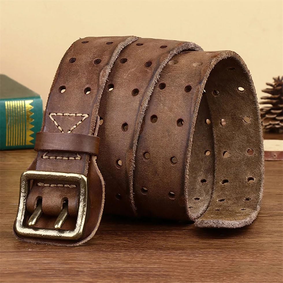 Pohullan Men Leather Double Brass Metal Pin Belt 3.8cm Wide Vintage Adjustable Leather Belt4