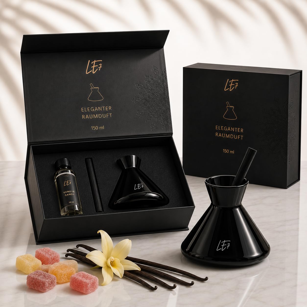 LE7 Reed Diffuser | Profumo per ambienti di lusso con bastoncini | Olio profumato di alta qualità & elegante confezione regalo | Elegante diffusore di profumo per ambienti domestici, ufficio e bagno