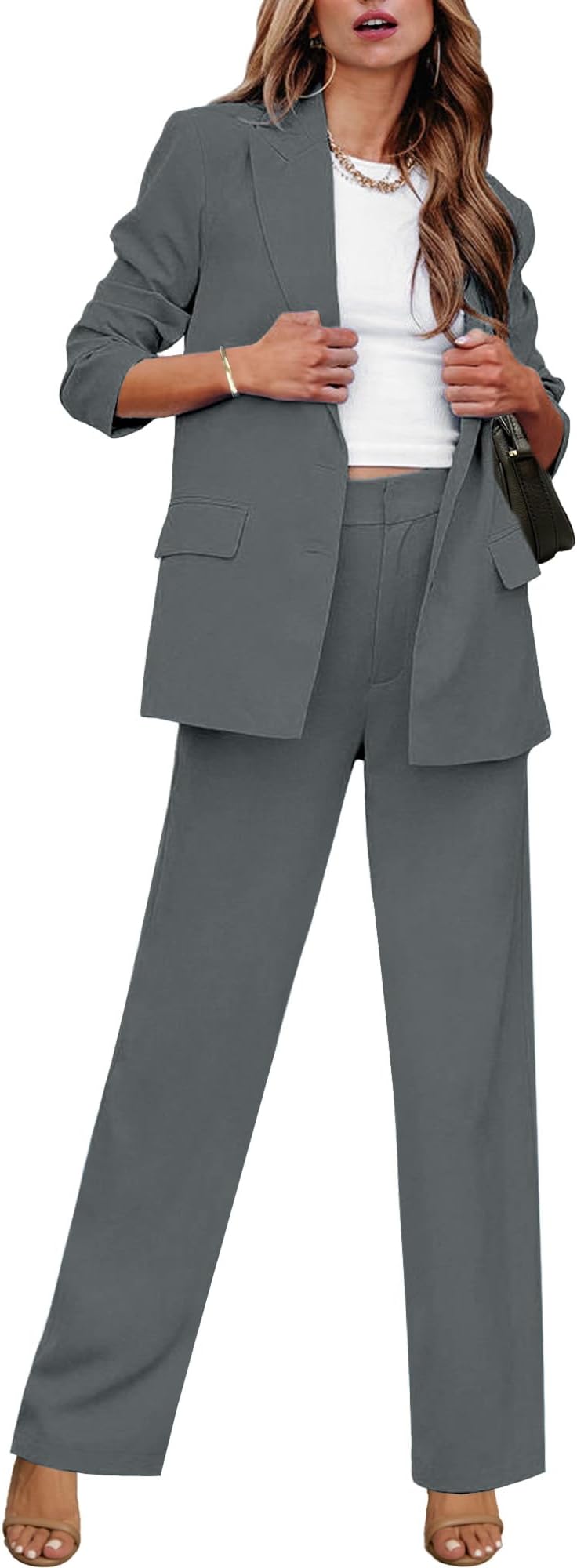 2 Piece Outfits for Women Dressy Long Blazer Jackets High Waisted Wide Leg Pants Suits Set Business Casual Office