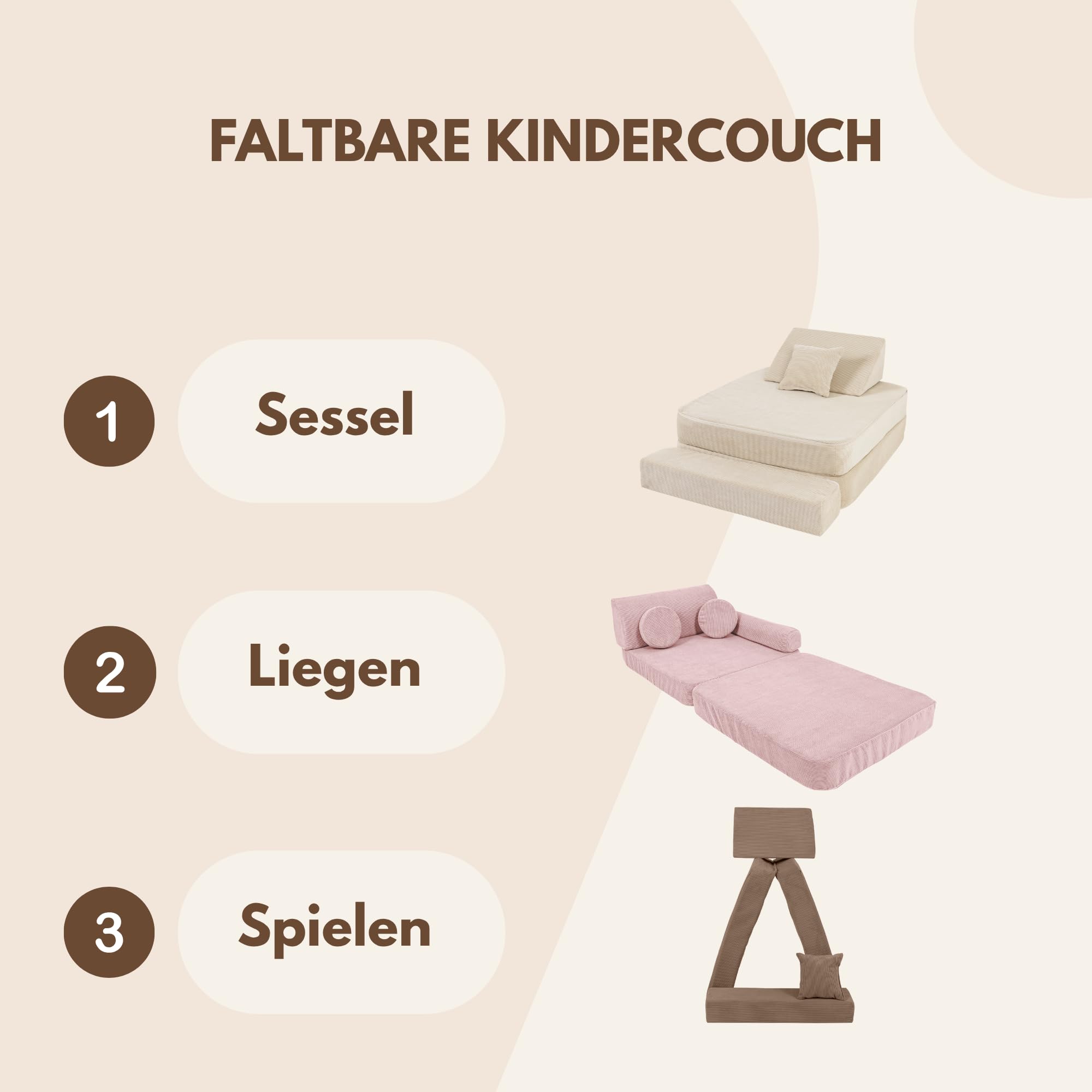 Angelove Kindersessel 3‑in‑1 - Faltbare Kindercouch & Spielmatratze aus Cord, Bequemer Spielsofa‑Sessel ab 1 Jahr, Beige
