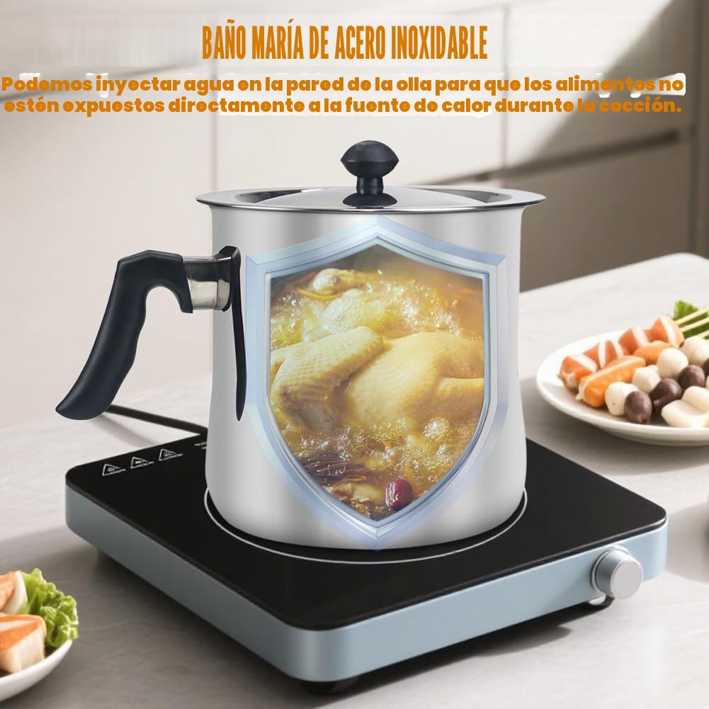 Olla para leche de 1,5 l con tapa y silbato, olla a fuego lento de doble pared, olla para leche con vertedor, apta para baño maría e inducción (acero inoxidable)