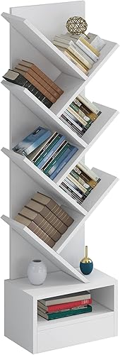 4NM Estantería de árbol pequeño con espacio de almacenamiento, estantería de pie para almacenamiento de CD y revistas, estantes organizadores de