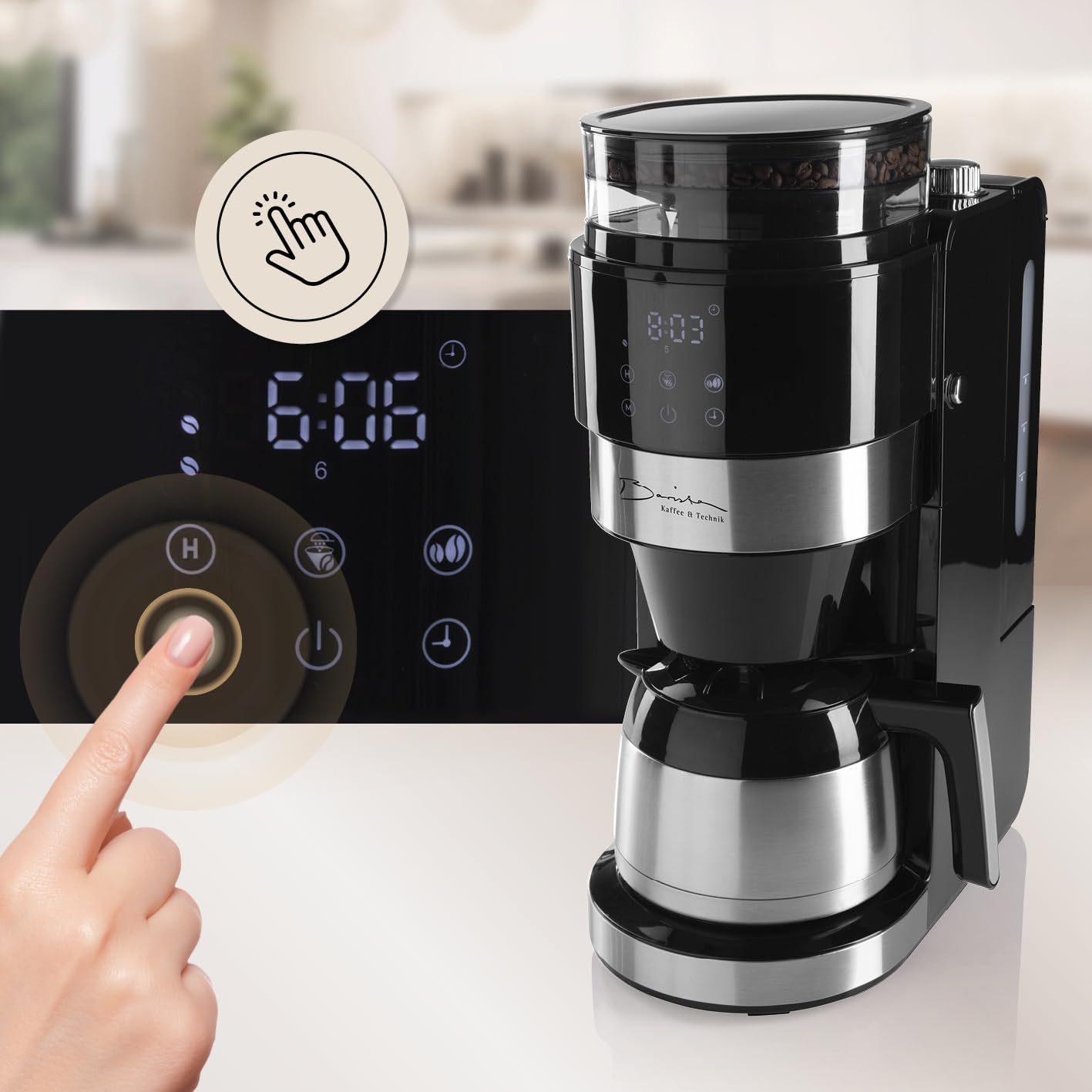 Barista - Macchina da caffè con display touch digitale, 800 W, con macina + caraffa termica