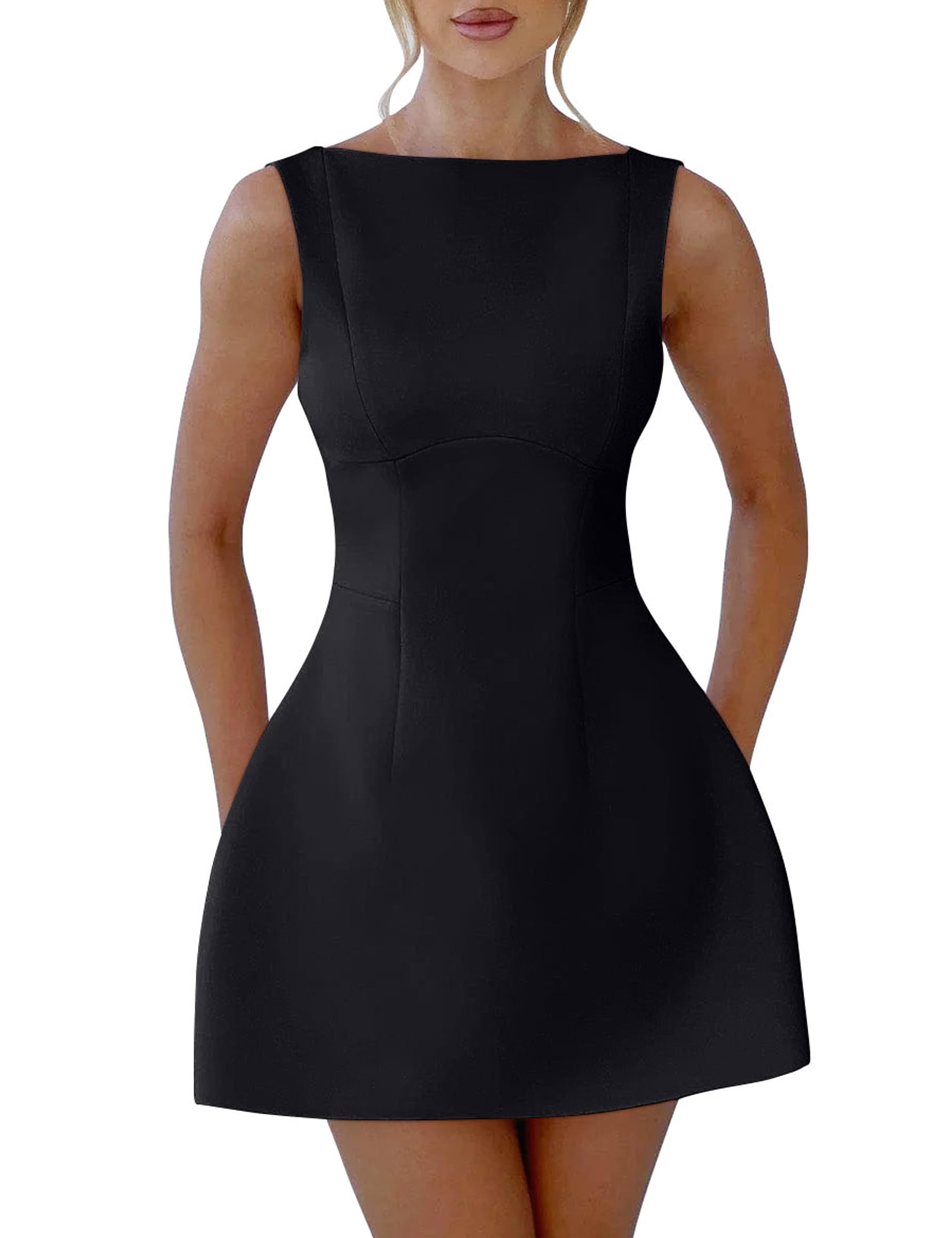 YMDUCH Womens Sexy Sleeveless Crew Neck Backless A-line Party Short Mini Dress