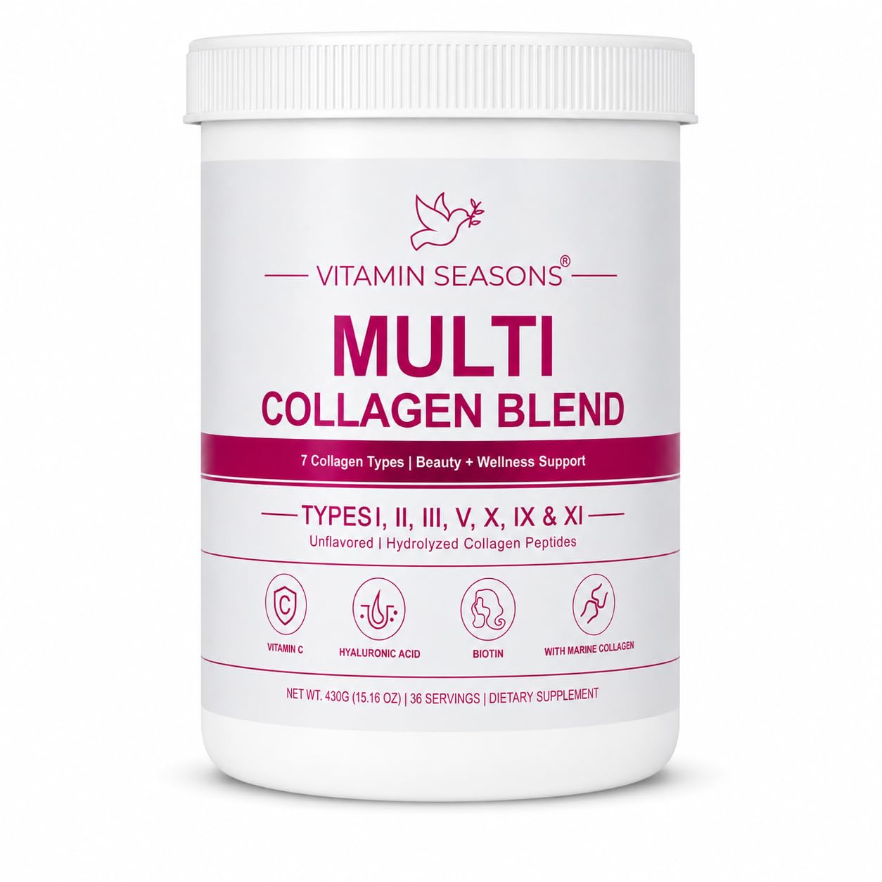 Multi Collagen Blend Powder, 7 Collagen Types, Hydrolyzed Collagen Peptides with Hyaluronic Acid, Vitamin C & Biotin, Unflavored, 36 Servings, 15.16 oz