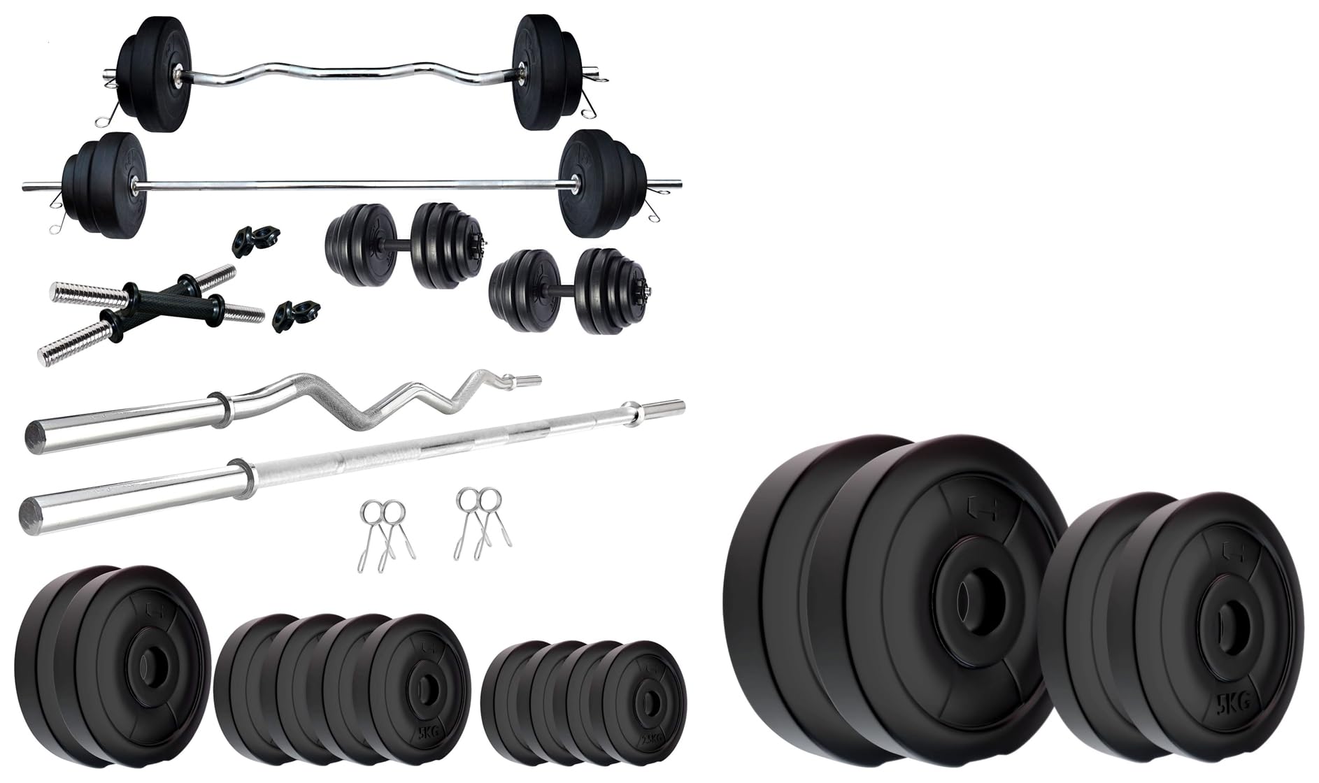 Kore Plastic PVC 50 Kg Home Gym Set with One 5 ft Plain + One 3 ft Curl Rod and One Pair Dumbbell R,Kore RW PVC Plate-30KG (5 KG X 2 + 10 KG X 2) Weight Plate, Black-image-14