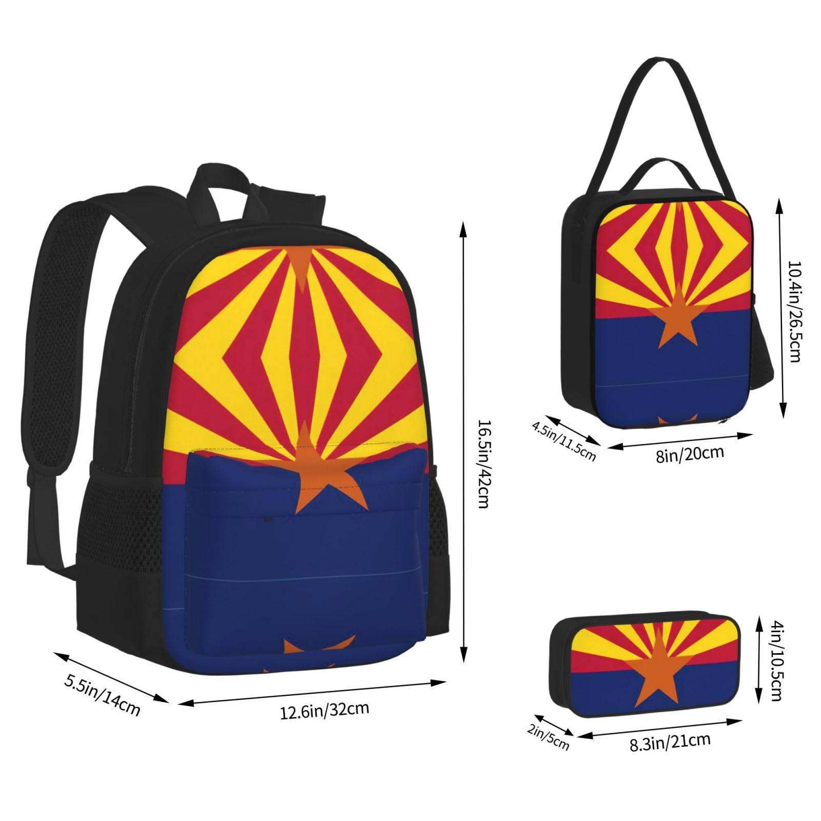Juego de 3 mochilas escolares con estampado de bandera de Arizona, mochila para laptop resistente al agua de gran capacidad con bolsa de almuerzo aislada y estuche para lápices para