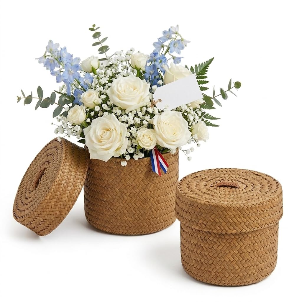 Petite boîte rangement ronde en paille à poignée, l'idée cadeau déco naturelle